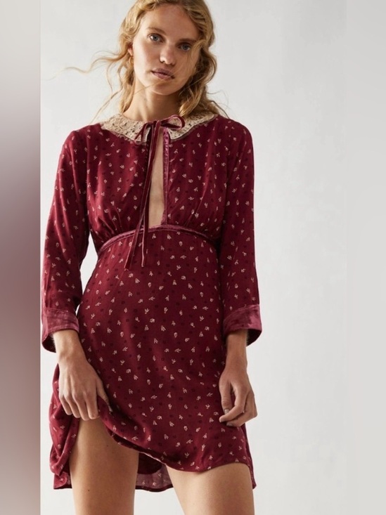 Free People Dresses & Skirts - Free people cottagecore delfina lace collar mini dress maroon size small